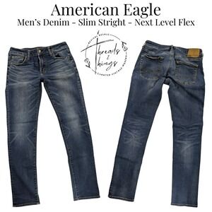 American Eagle Jeans Mens 32 34 Med Wash Denim Slim Straight Next Level Flex y2k